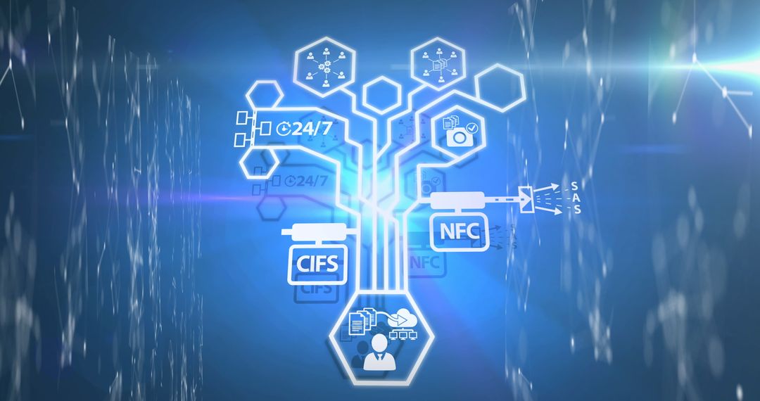 Digital Network Visualization with Glowing Icons and Data Interfaces