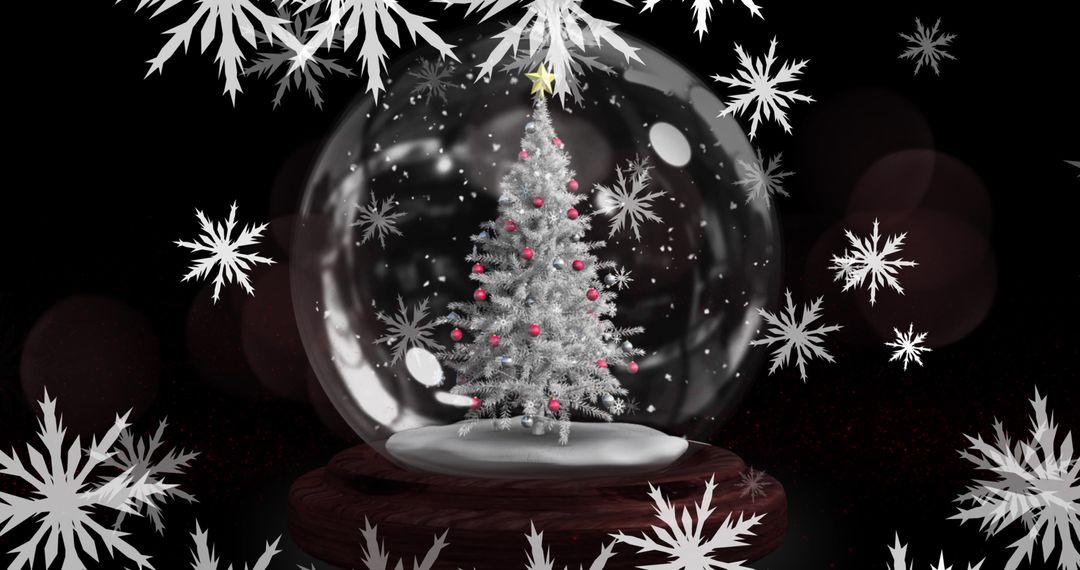 Snowflakes Falling Over Christmas Tree in Snow Globe