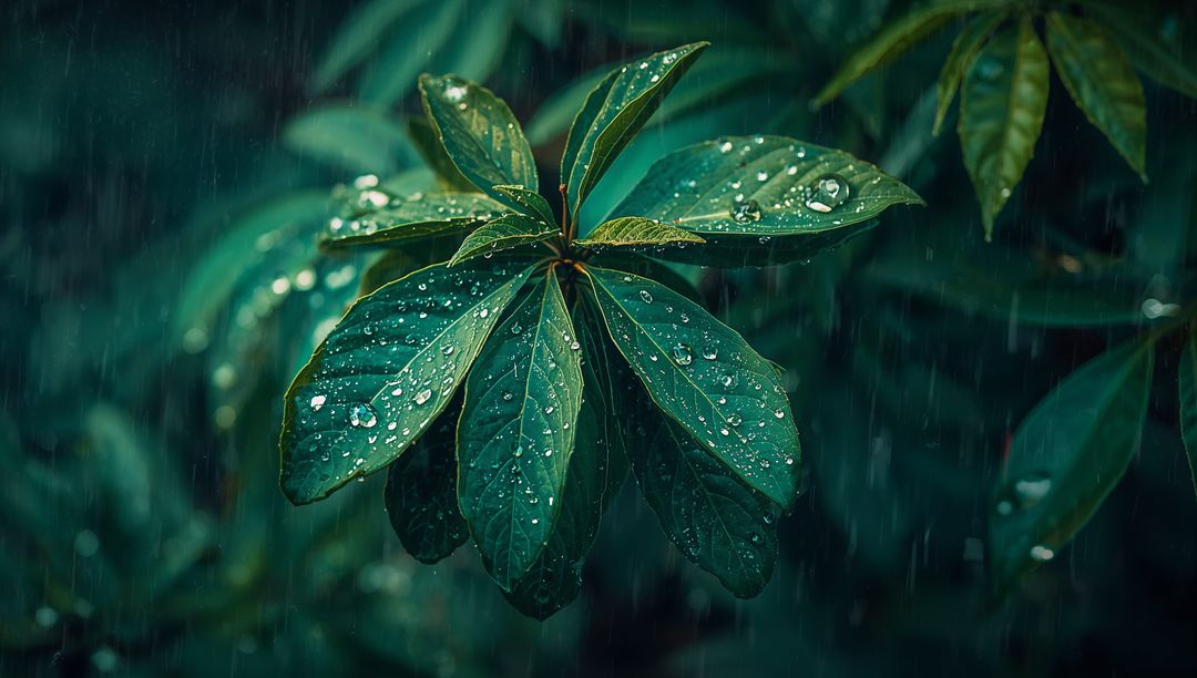 Leaf Capturing Raindrops in Lush Greenery Forest Backdrop