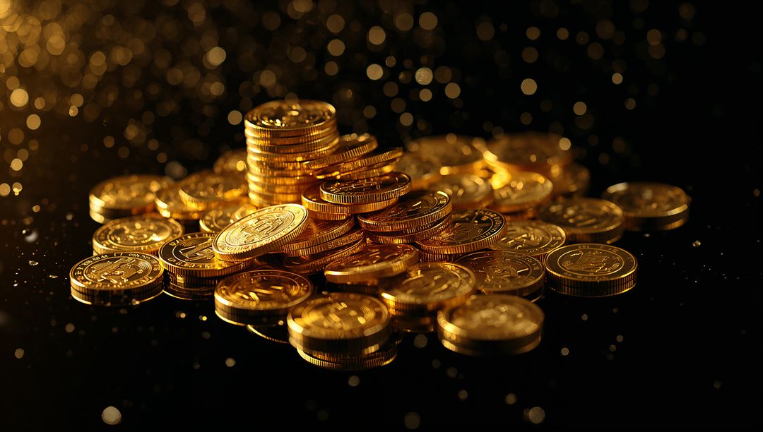 Glistening Gold Coin Pile with Stacked Coins on Reflective Black Surface and Bokeh