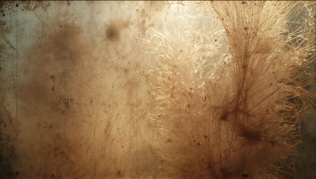 Backlit feathery seed heads glowing through dusty scratched glass with warm golden light