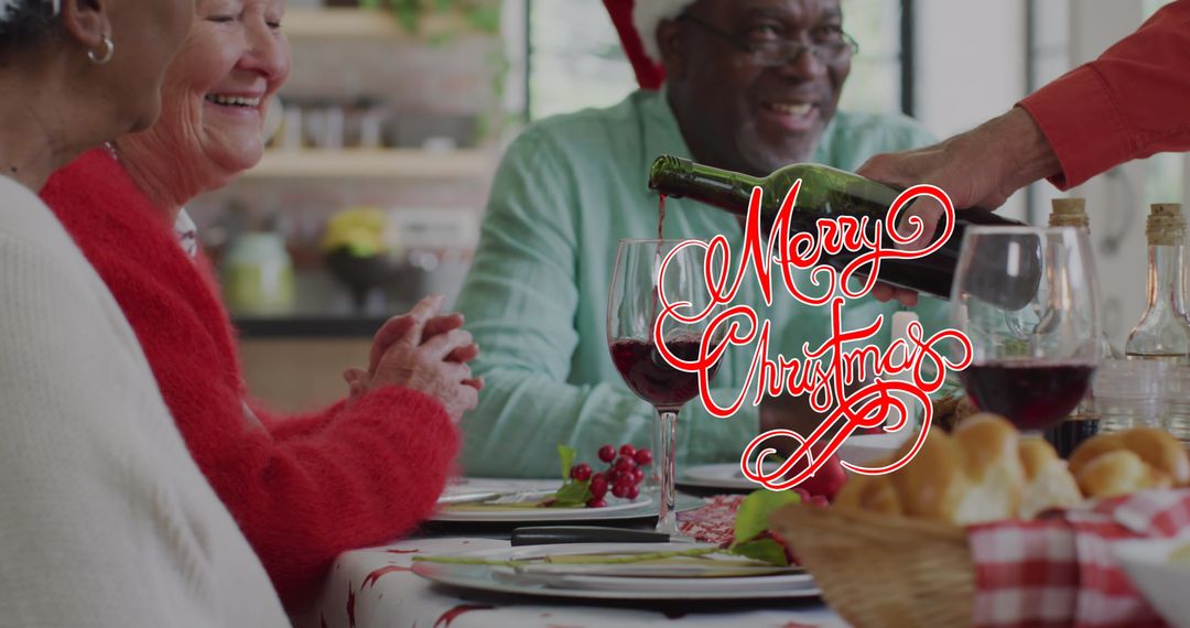 Diverse Group Enjoying Christmas Meal with Festive Text Overlay