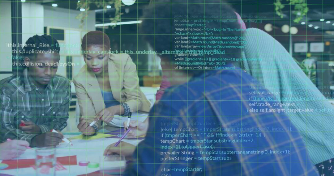 Diverse Team Collaborating with Technology Overlay in Office