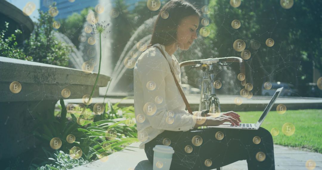 Woman Utilizing Laptop with Blockchain Technology in Park Setting