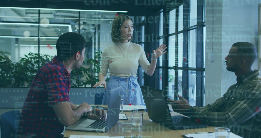 Team Collaboration in Modern Office with Technology Overlay