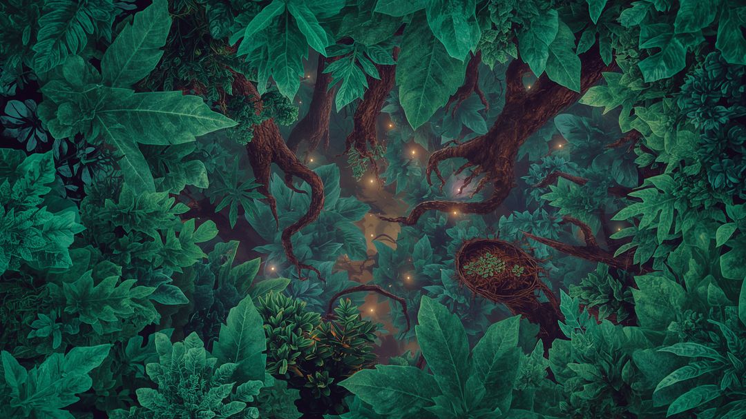 Mystical Tropical Forest Canopy with Floating Orbs at Night