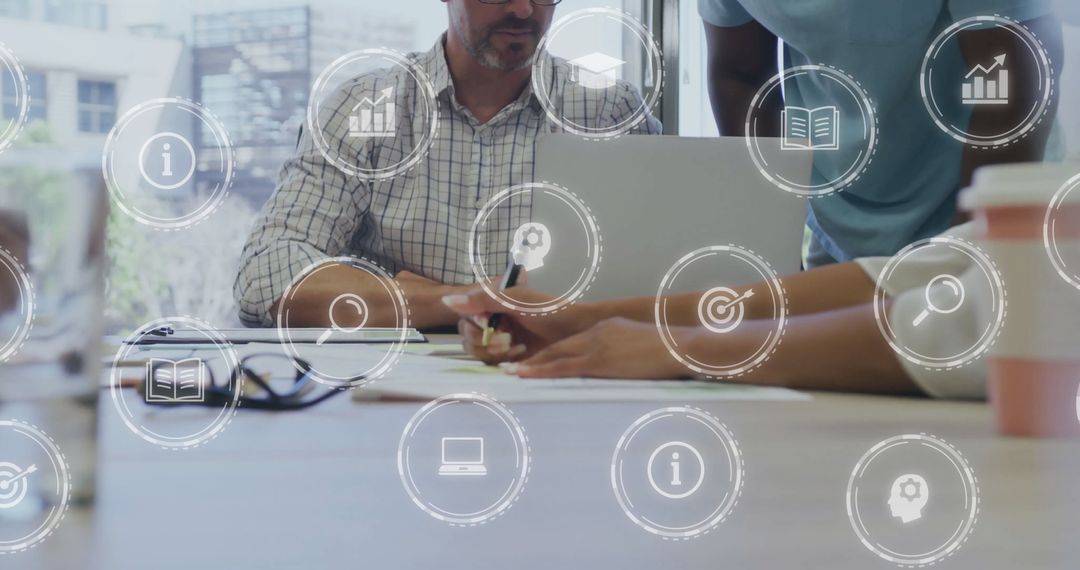 Team Collaborative Effort with Business Icons Overlay