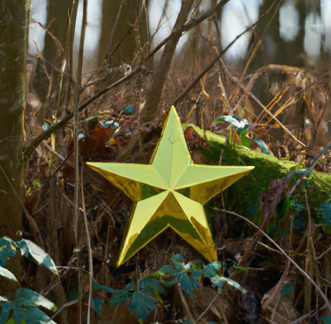Image of gold five arm star in amongst trees in forest - Free Images, Stock Photos and Pictures on Pikwizard.com