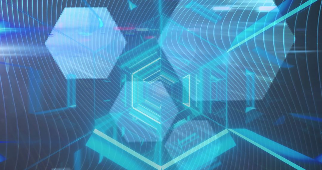 Futuristic Tunnel with Blue Hexagons and Tech Patterns