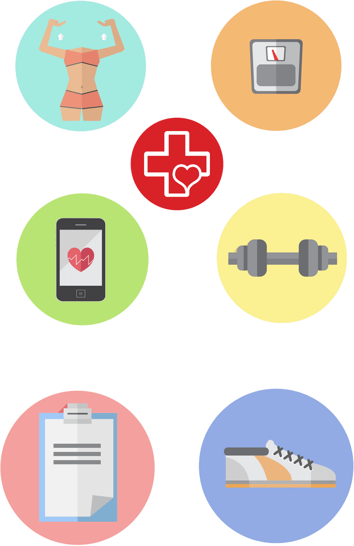 Colorful Health and Fitness Icons on Transparent Background