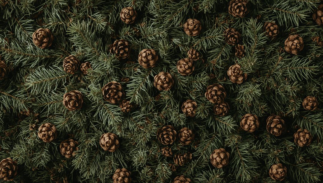 Evergreen Spruce Branches and Pine Cone Flatlay Rustic Forest Needle Texture Background
