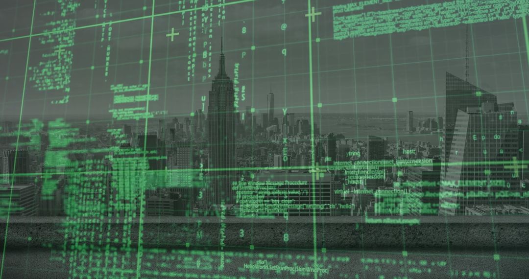 Digital Coding Over Modern City with Futuristic Skyline