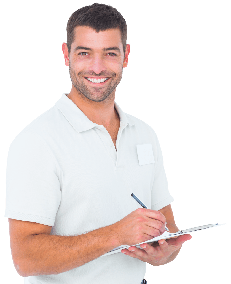 Cheerful Man Writing on Transparent Clipboard Background