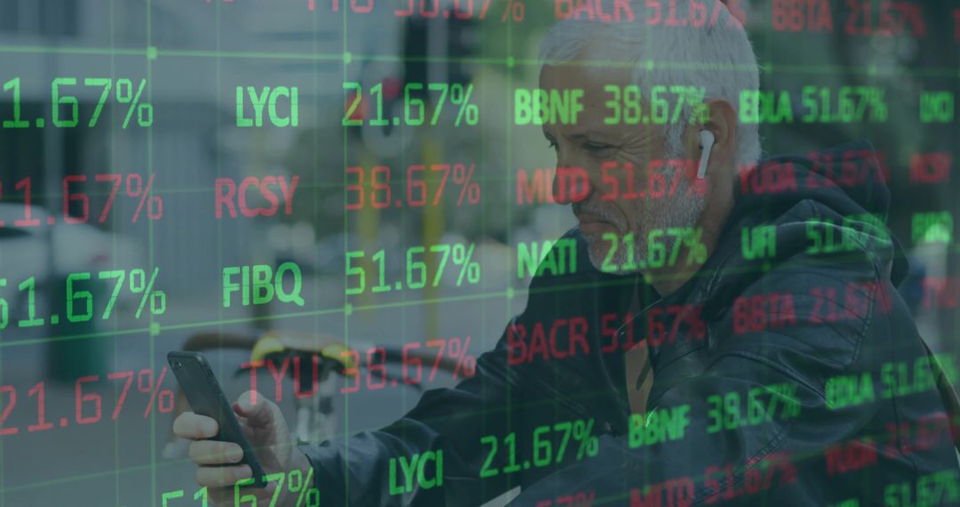 Senior Man Browsing Phone with Stock Market Display Overlay