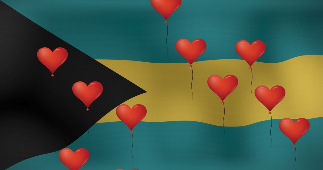 Heart Balloons Over Waving Bahamian Flag Symbolizing Love