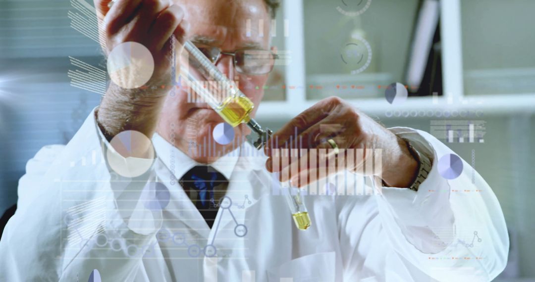 Scientist Analyzing Test Tubes with Data Overlay Interface