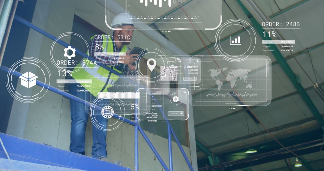 Warehouse Worker Analyzing Digital Data with Augmented Overlay
