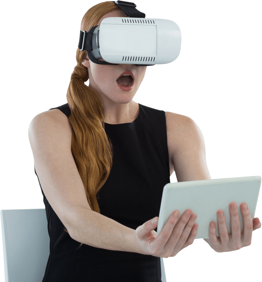Executive Woman Experiencing Virtual Reality with Tablet on Transparent Background