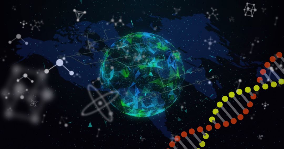 Digital World Map with DNA Strand and Molecules Illustrating Global Science