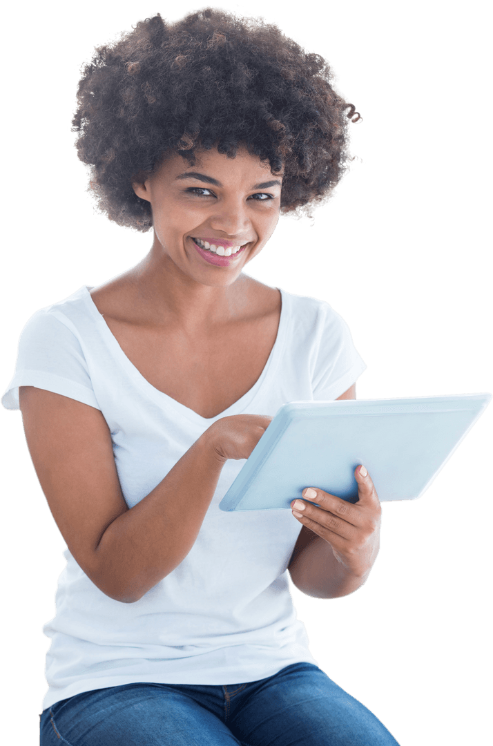 Smiling Woman Using Tablet on Transparent Background for Digital Communication
