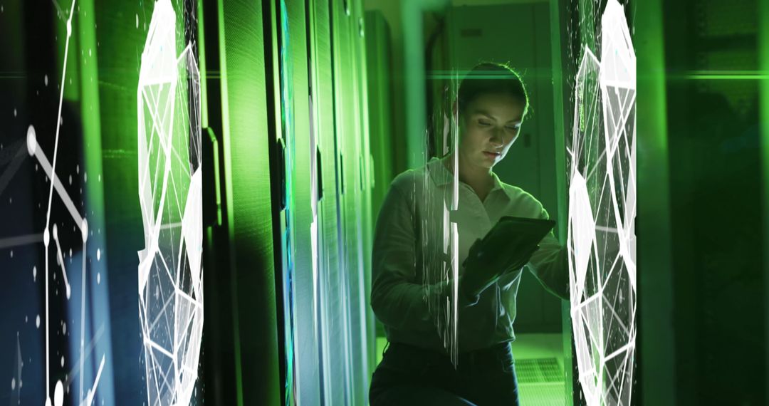 Female IT Engineer Analyzing Servers with Futuristic Interface
