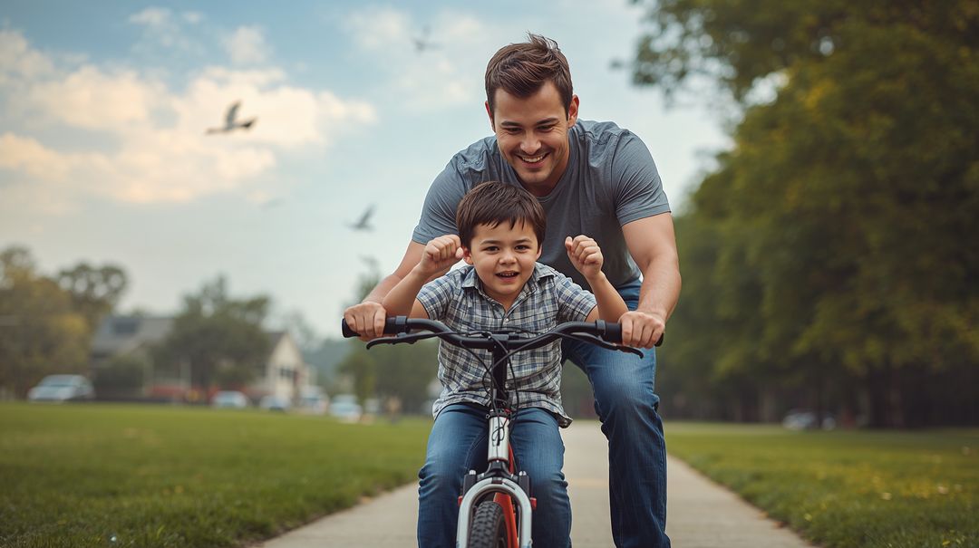 Father Teaching Son to Ride Bike on Suburban Park Path, Smiling and Guiding Confidently