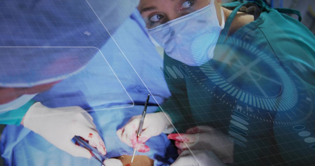 Female surgeon performing surgical dissection with AR overlays and digital interface in OR