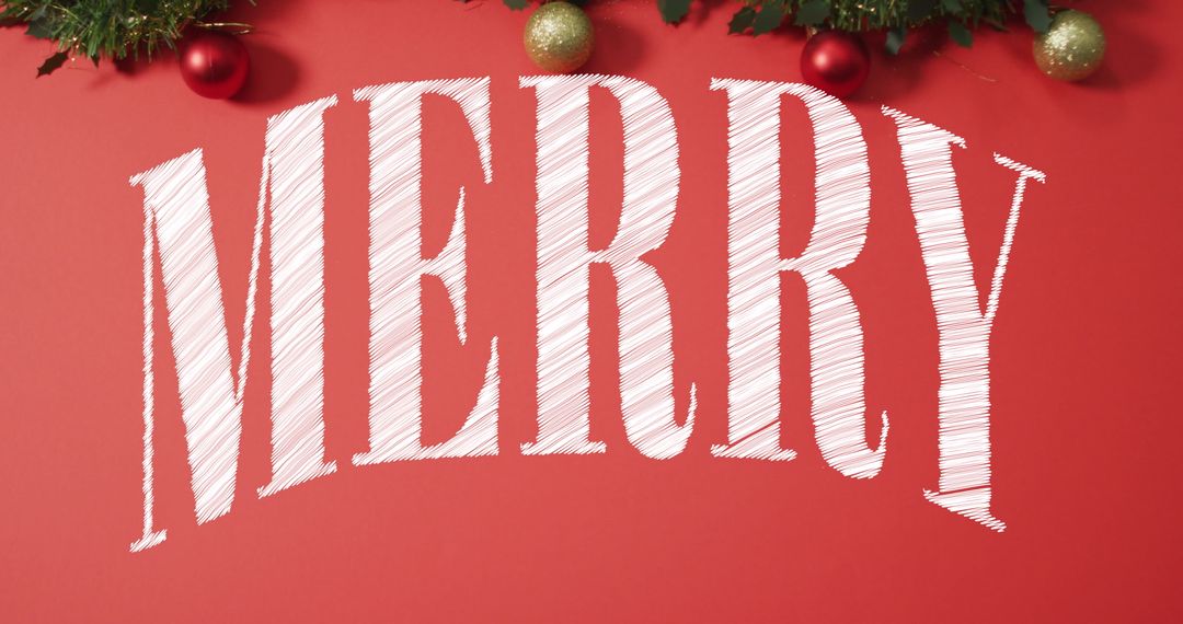 Festive Merry Christmas Text with Decorations on Red Background