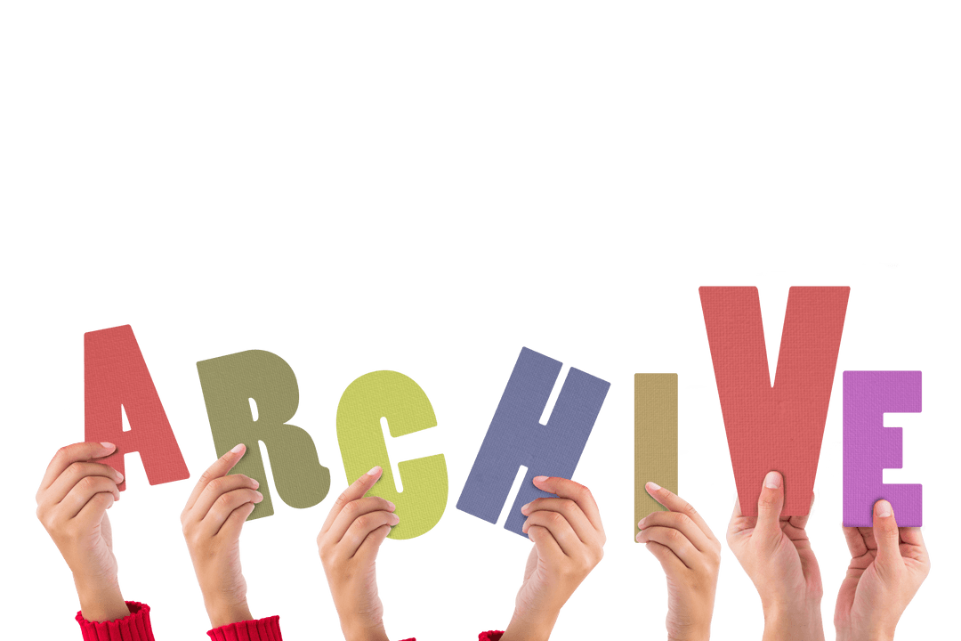 Hands Holding Colorful Archive Letters on Transparent Background