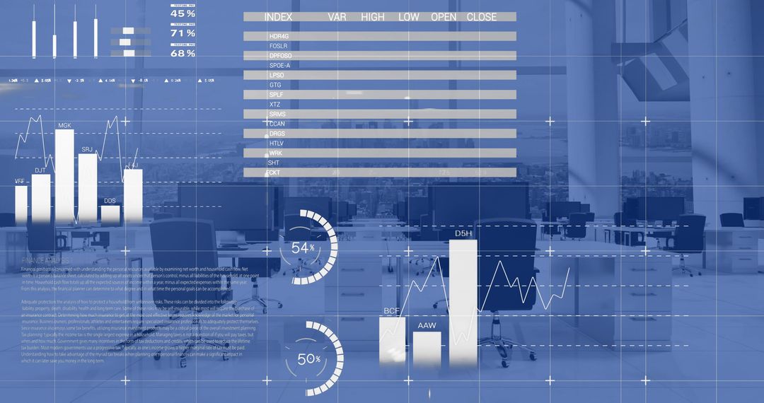 Financial Data Interface in Modern Office with Overlays