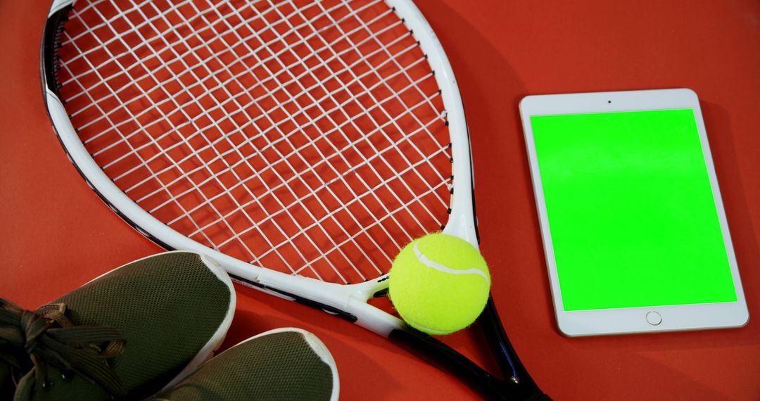 Tennis Racket and Ball with Digital Tablet on Red Background - Free Images, Stock Photos and Pictures on Pikwizard.com