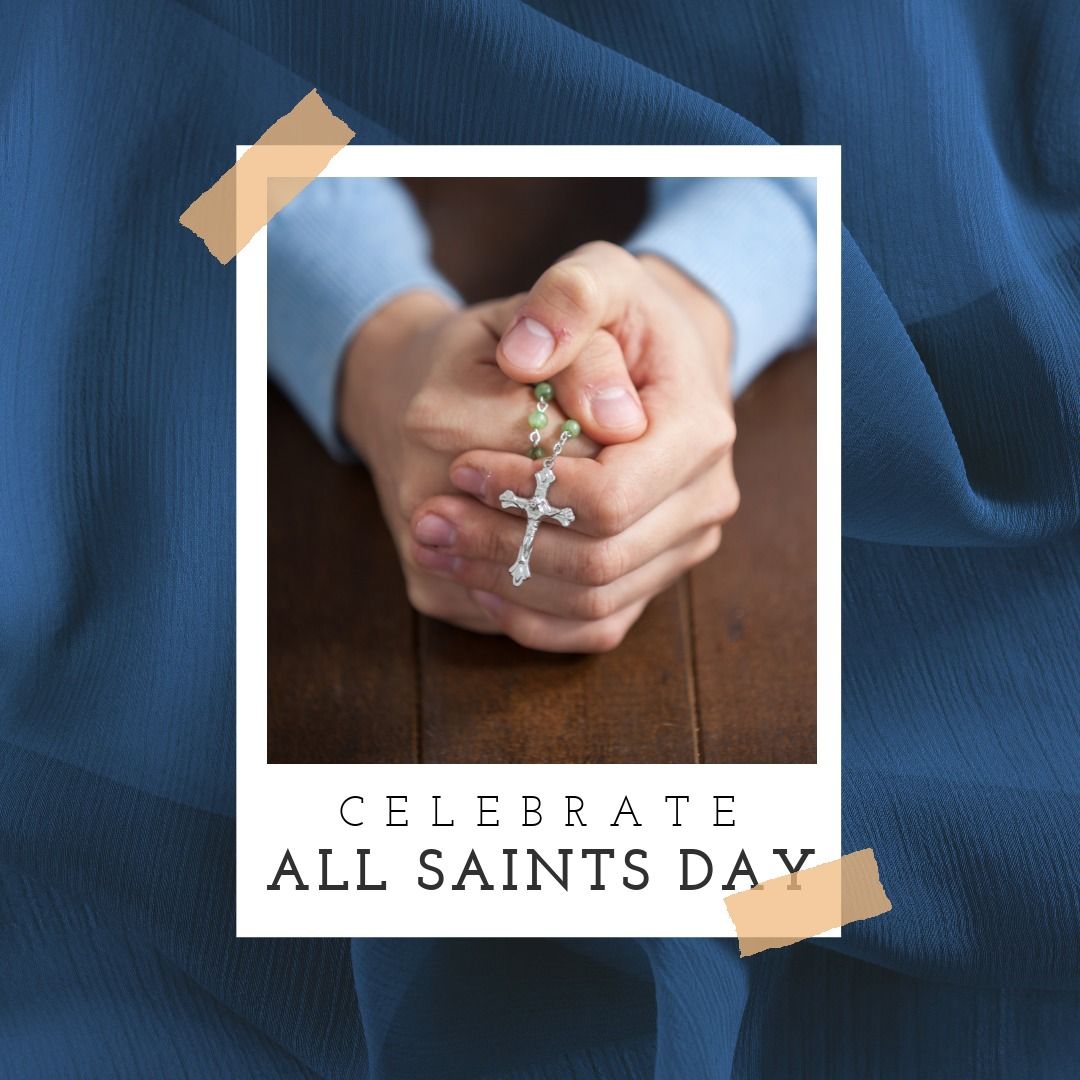 Composition of celebrate all saints day text over caucasian man holding rosary on blue background - Download Free Stock Templates Pikwizard.com