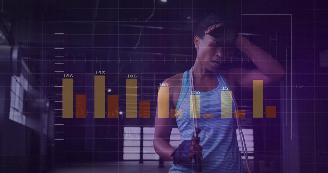 Athletic Woman Pausing in Gym with Data Overlay
