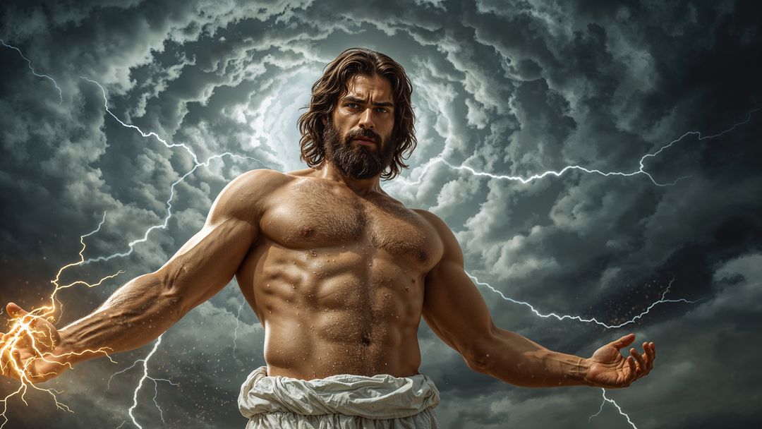 Powerful mythical deity zeus commanding the storm