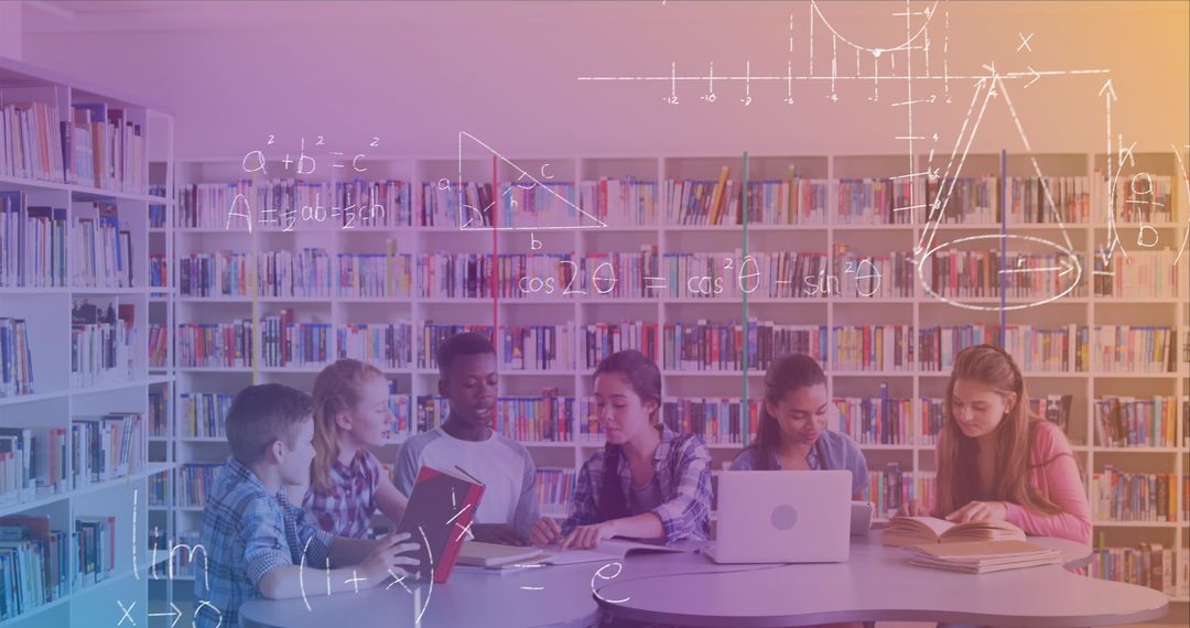 Diverse Students Collaborating in Library with Math Formulas Overlay