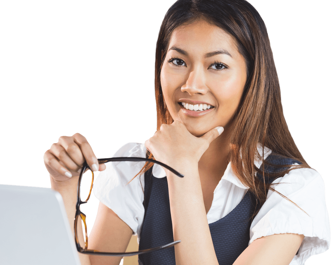 Transparent Businesswoman Smiling Confidently with Glasses and Laptop