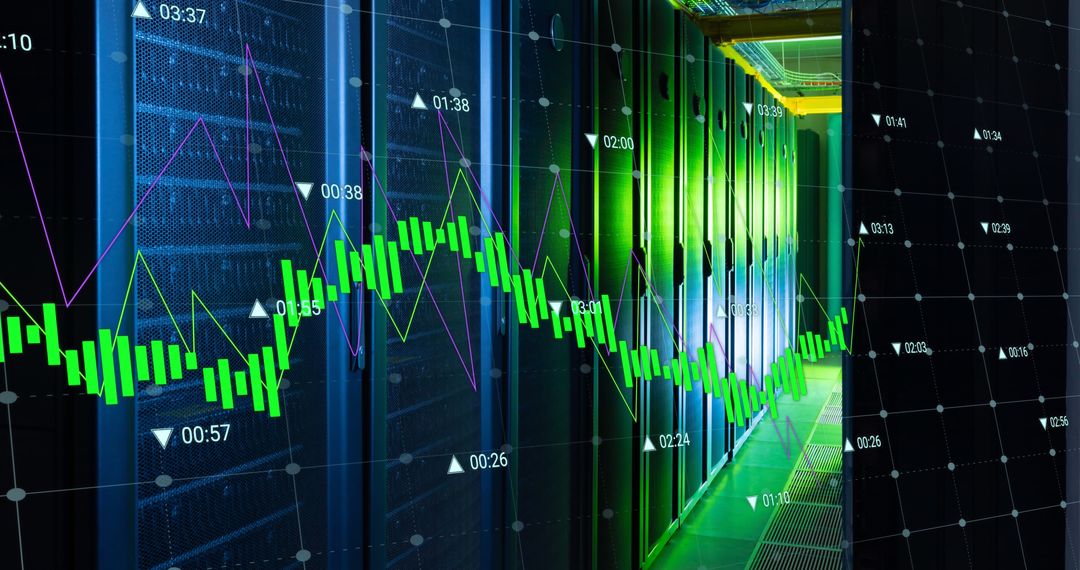 Data Processing in Futuristic Server Room with Trade Analytics