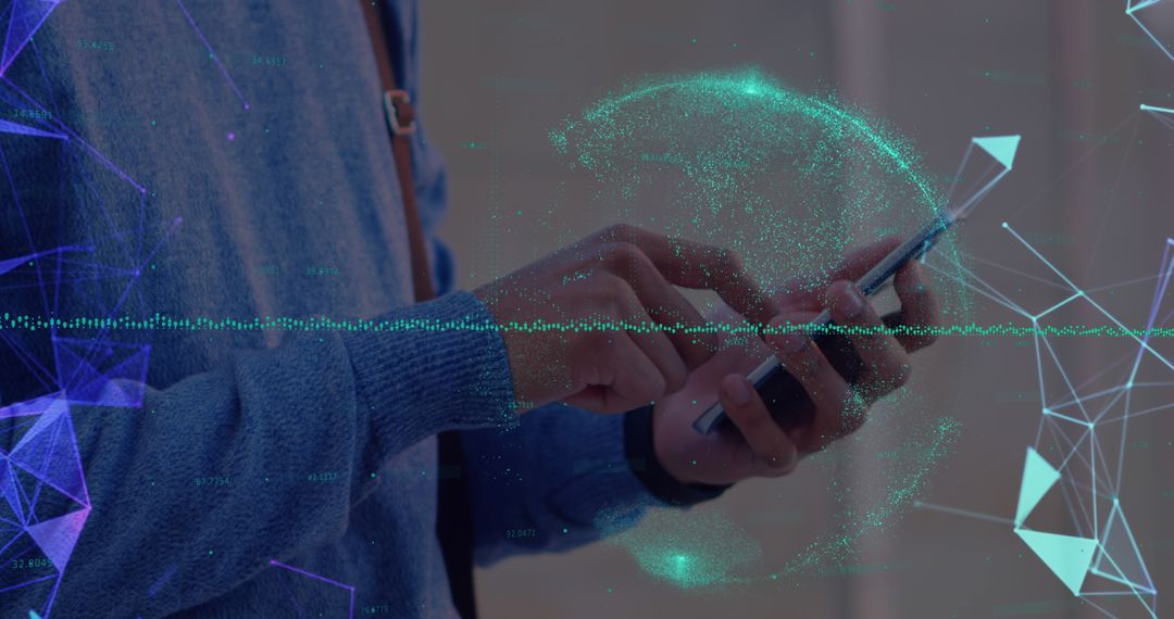 Man Engaged with Smartphone Surrounded by Digital Network Graphics