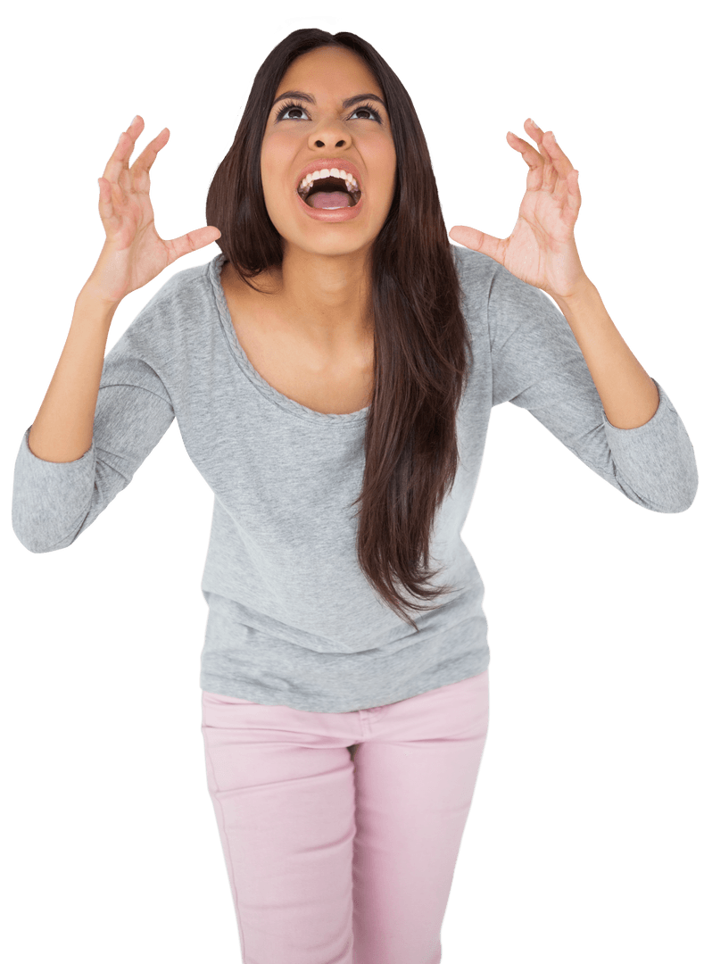 Angry Biracial Woman with Crumbled Hands on Transparent Background