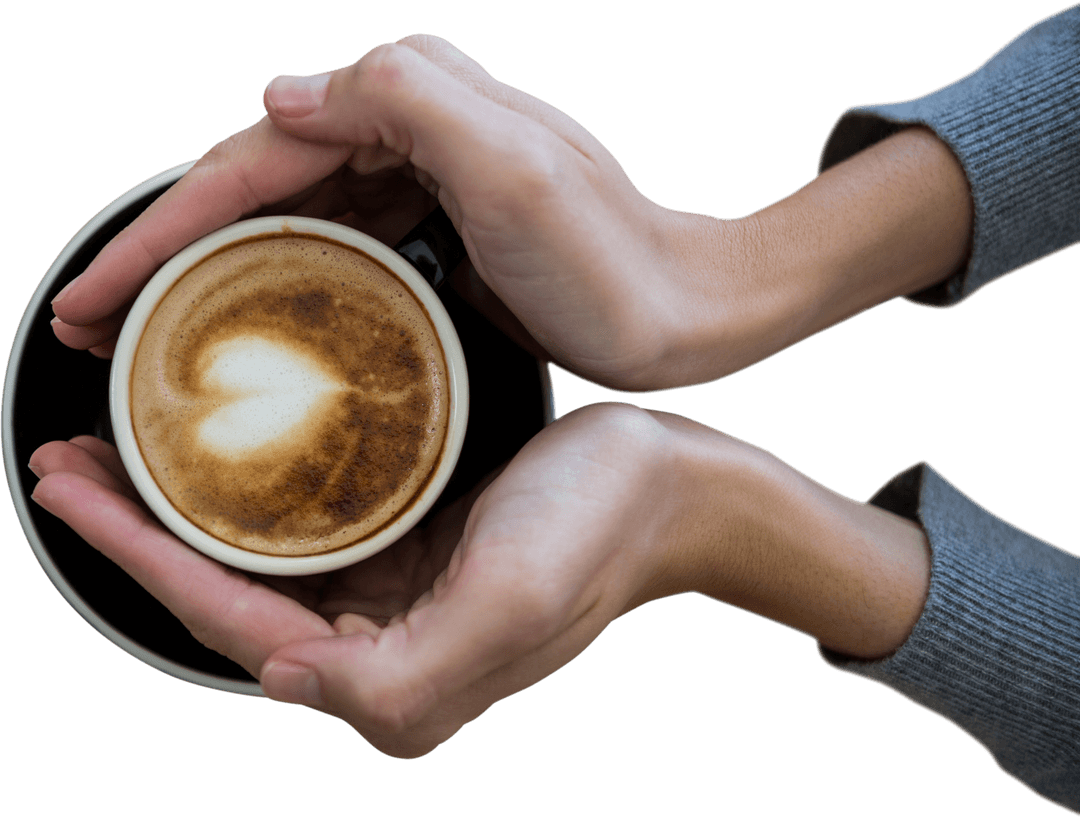 Transparent Hands Enclosing Coffee Cup with Heart-Shaped Foam
