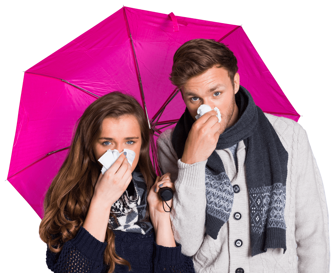 Young Couple Under Transparent Umbrella Blowing Nose During Rainy Day