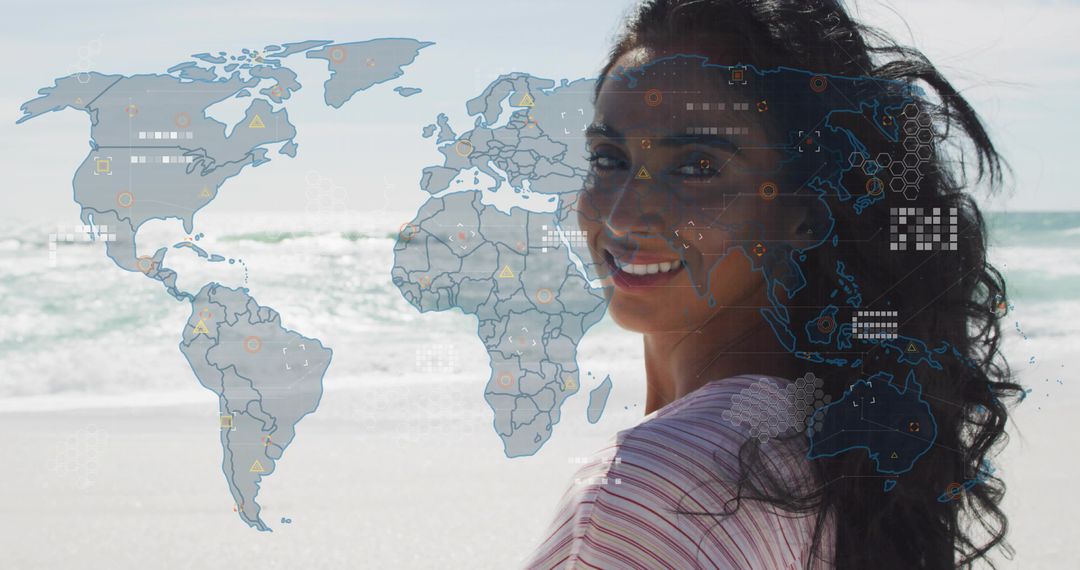 Smiling traveler turning toward camera on sunlit beach with translucent world map overlay