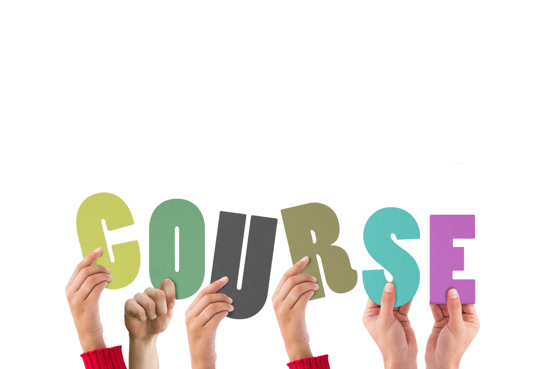 Group of Hands Holding Trendy Course Letters Over Transparent Background