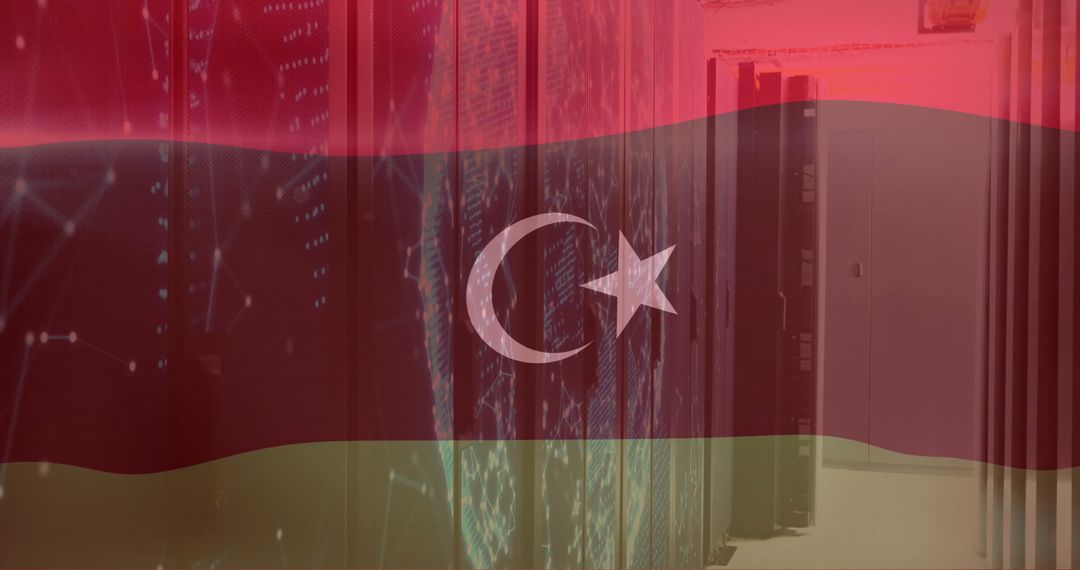 Libya Flag Overlay on Digital Data Servers for Cyber Technology Concept