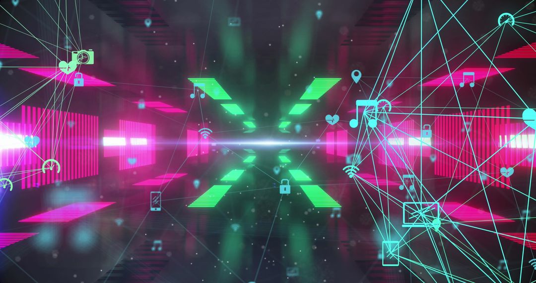 Futuristic Data Network with Holographic Icons and Digital Lights