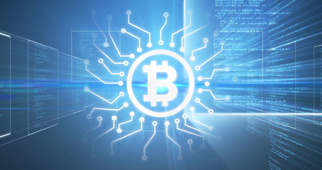 Glowing Bitcoin Symbol on Digital Network Background