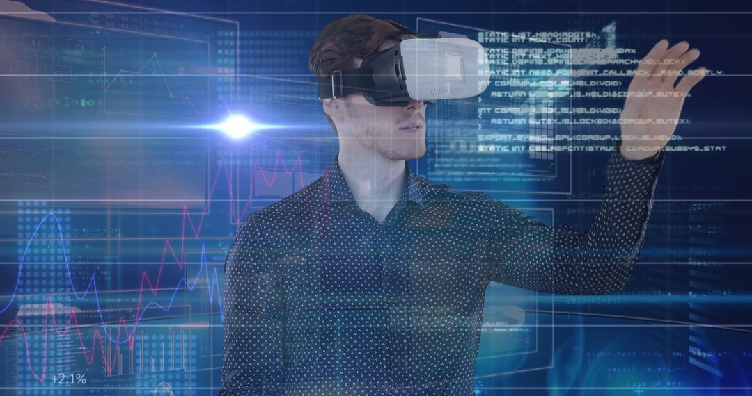 Businessman Using Virtual Reality Headset for Data Interaction