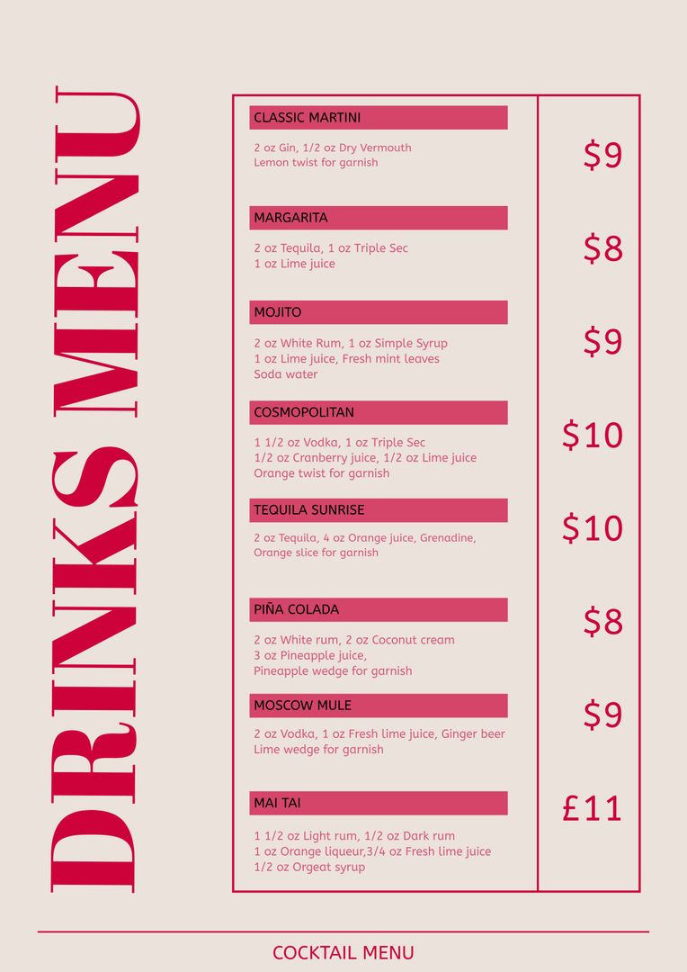 Stylish Drinks Menu on Beige Background with Red Text - Download Free Stock Templates Pikwizard.com