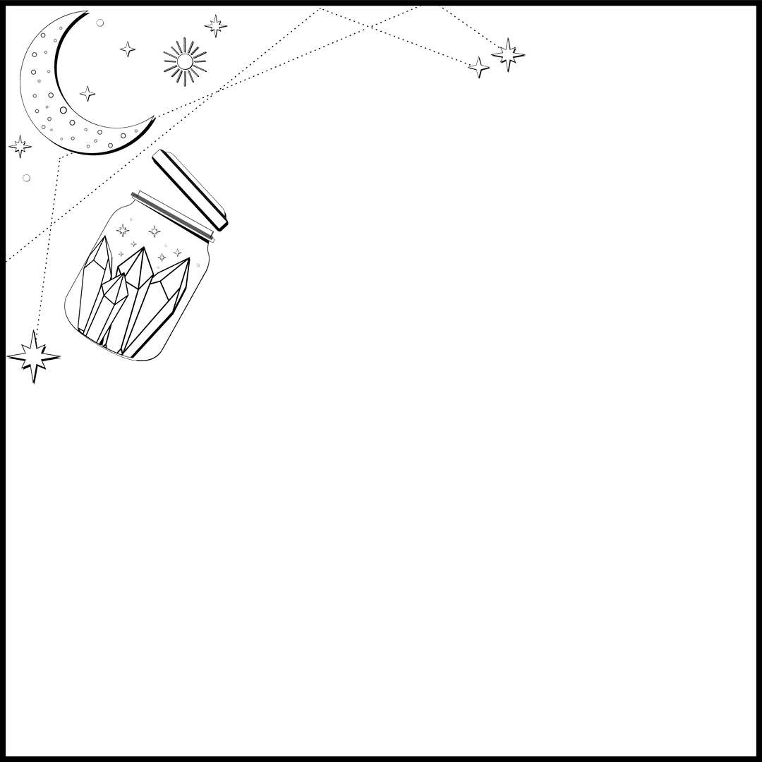 Transparent Jar with Crystals and Celestial Motifs on Black Background