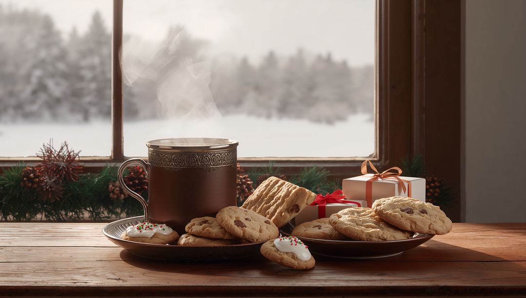 Cozy Winter Setting with Steaming Mug and Holiday Cookies